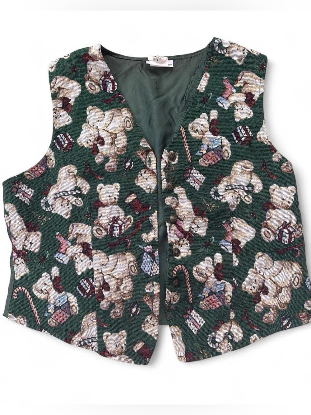 Vintage White Stag Christmas Teddy Bear Tapestry Vest Green Holiday XL